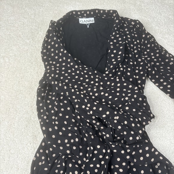 Ganni Georgette Wrap Maxi Dress Women's Size 38 Black White Polka Dot 3/4 Sleeve - Picture 13 of 16